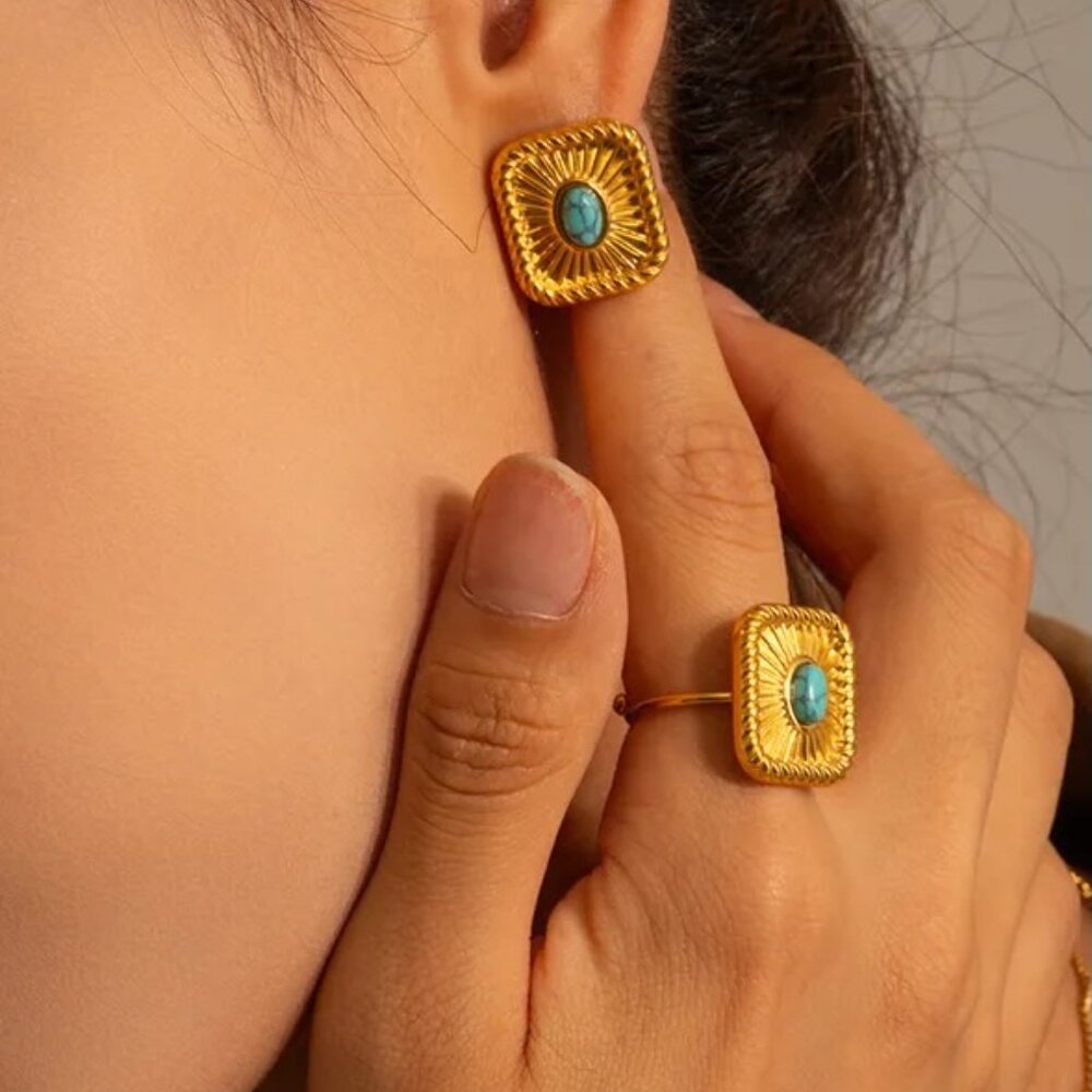 Turquoise square adjustable open ring 18K gold plated, stainless steel